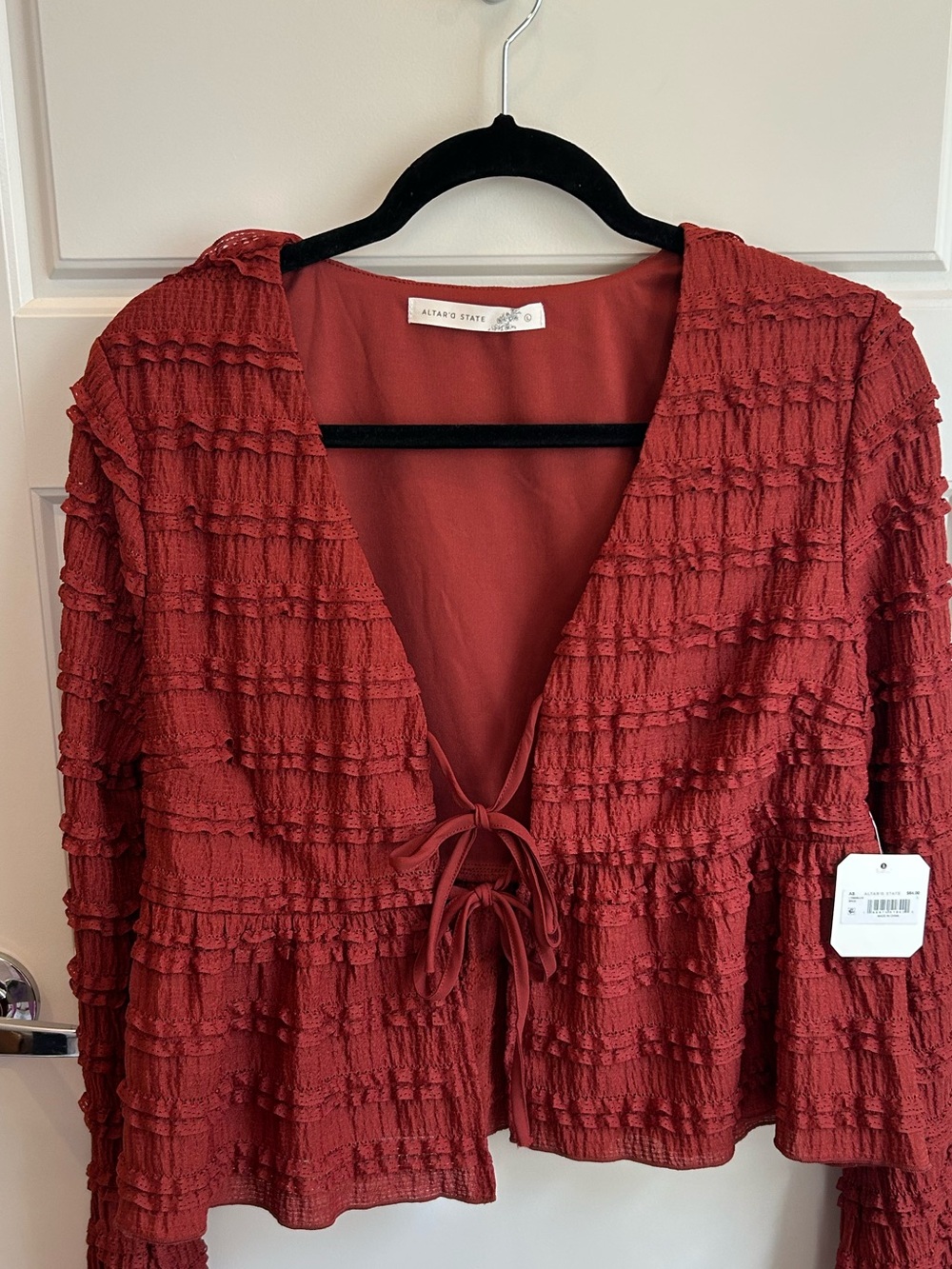 Altar'd State Brick Red Textured Tie-Front Blouse